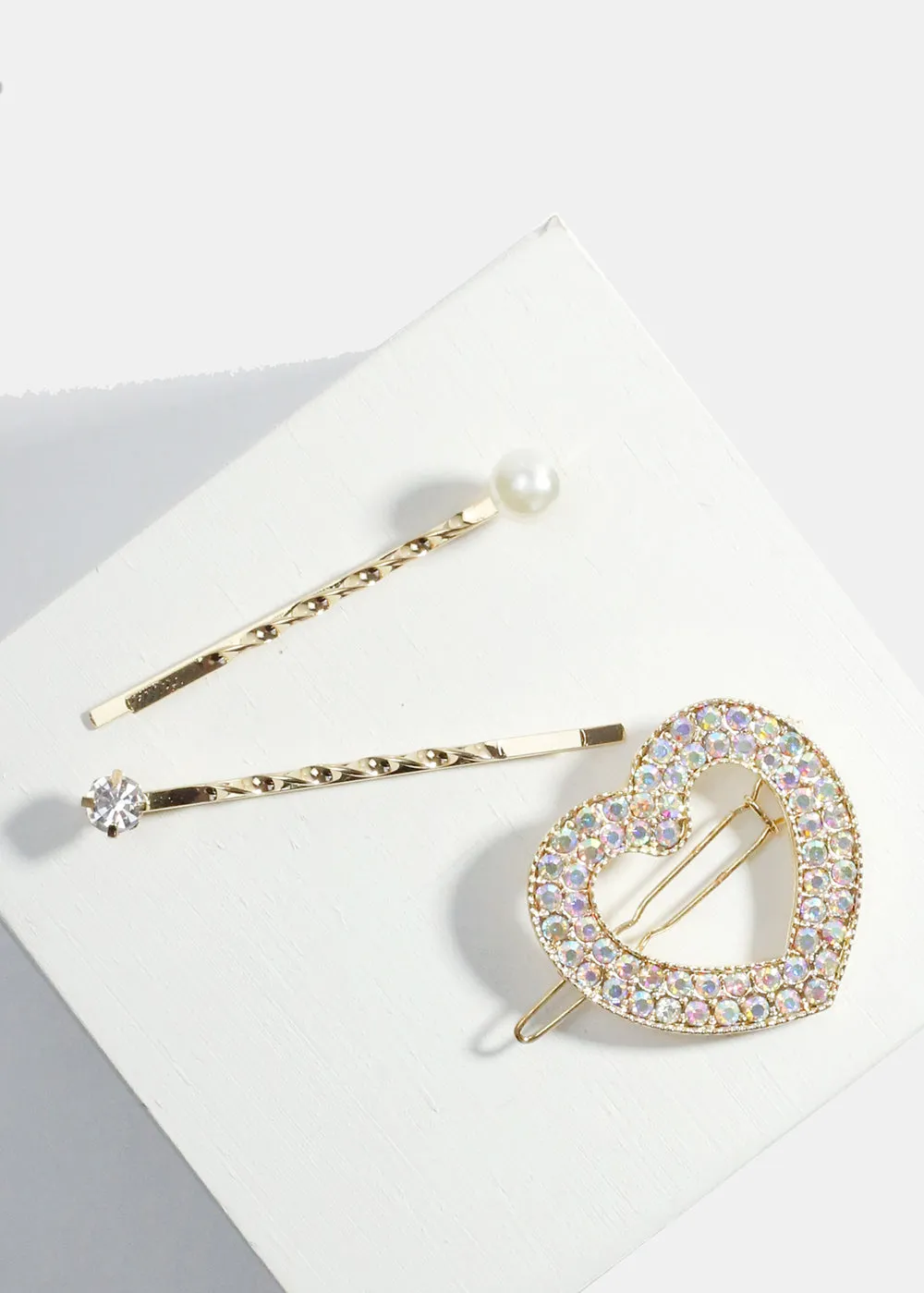 3-Piece Rhinestone-Studded Heart Hair Pins