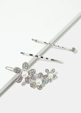 3-Piece Sparkly Flower & Pearl Hairpins