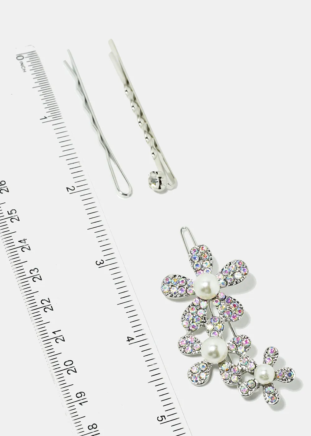 3-Piece Sparkly Flower & Pearl Hairpins