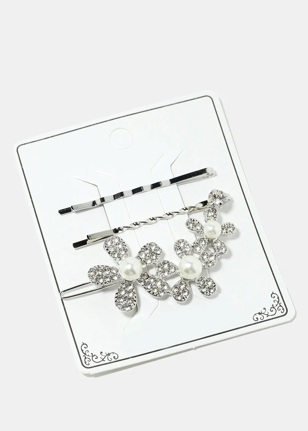 3-Piece Sparkly Flower & Pearl Hairpins