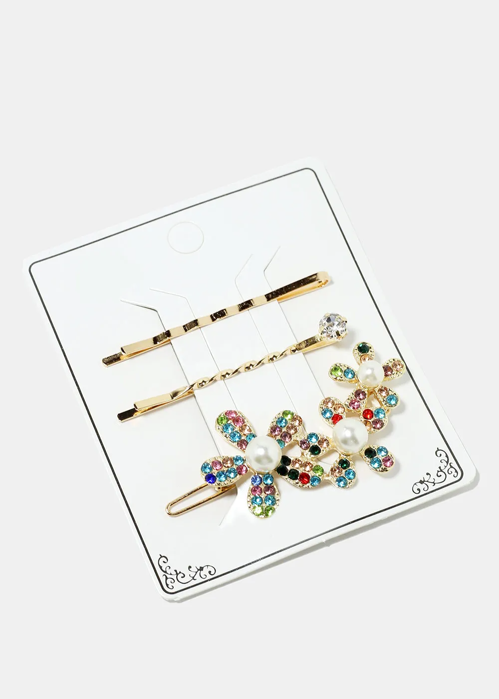 3-Piece Sparkly Flower & Pearl Hairpins