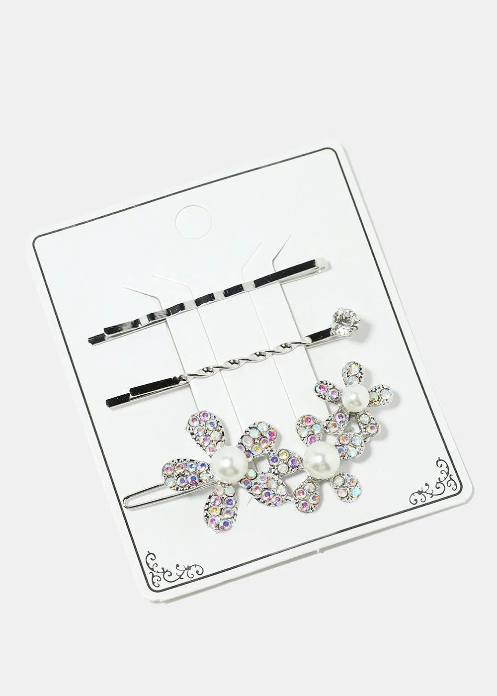 3-Piece Sparkly Flower & Pearl Hairpins