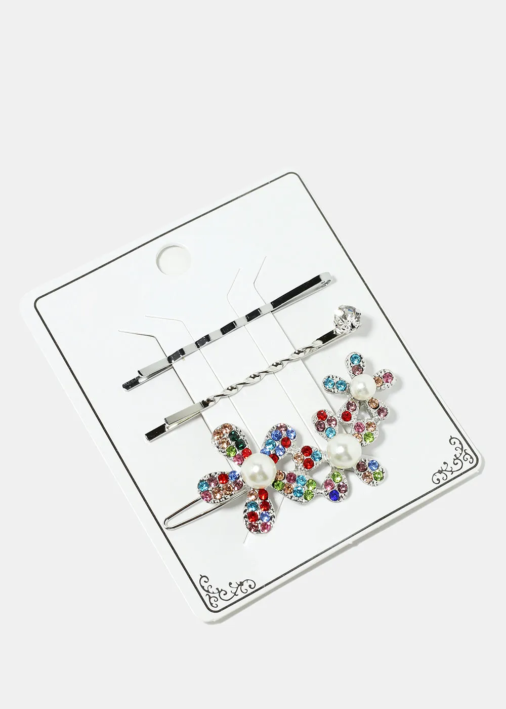 3-Piece Sparkly Flower & Pearl Hairpins