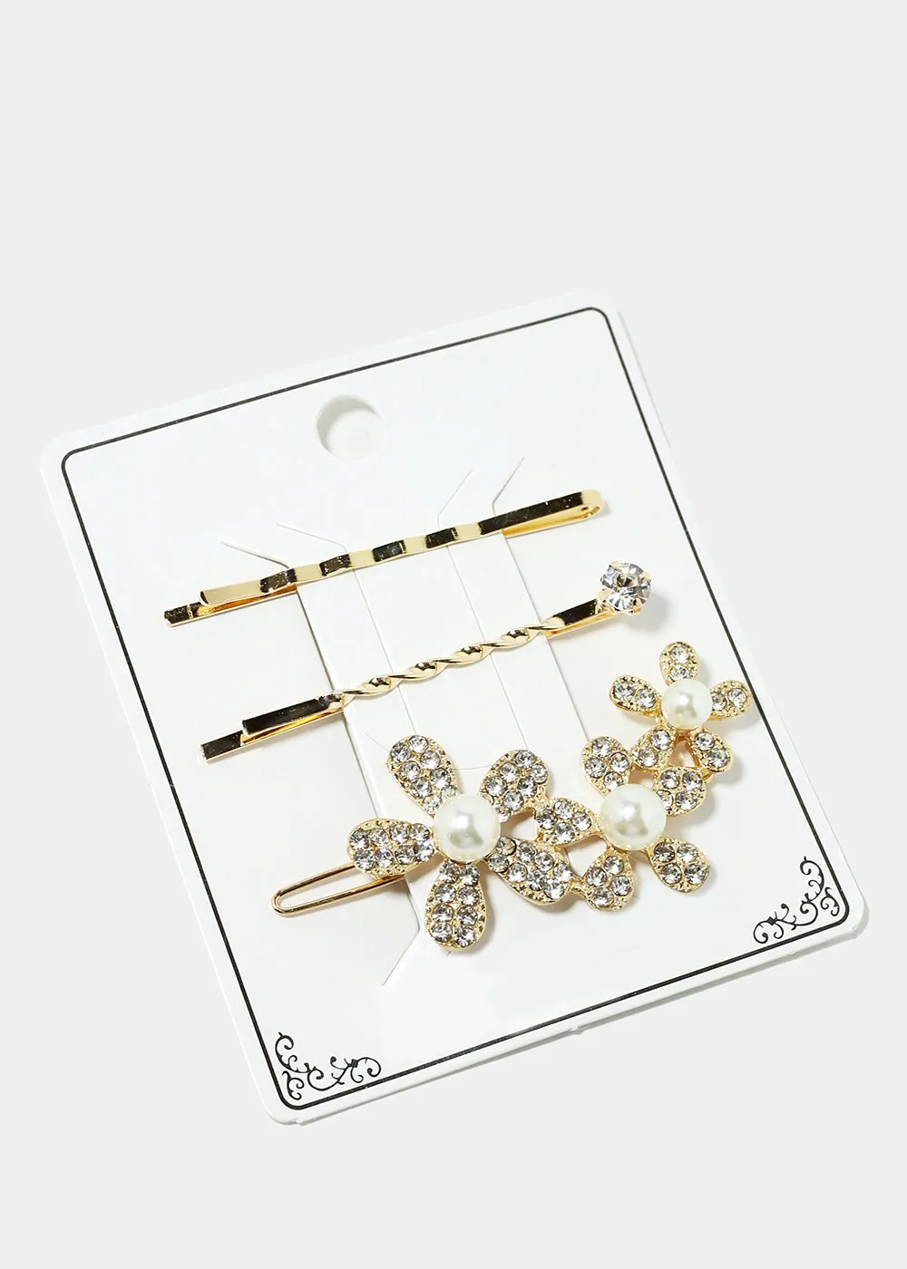 3-Piece Sparkly Flower & Pearl Hairpins