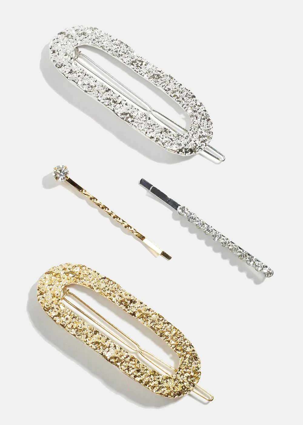 3-Piece Textured Oval Metal & Rhinestone Studded Hair Pins