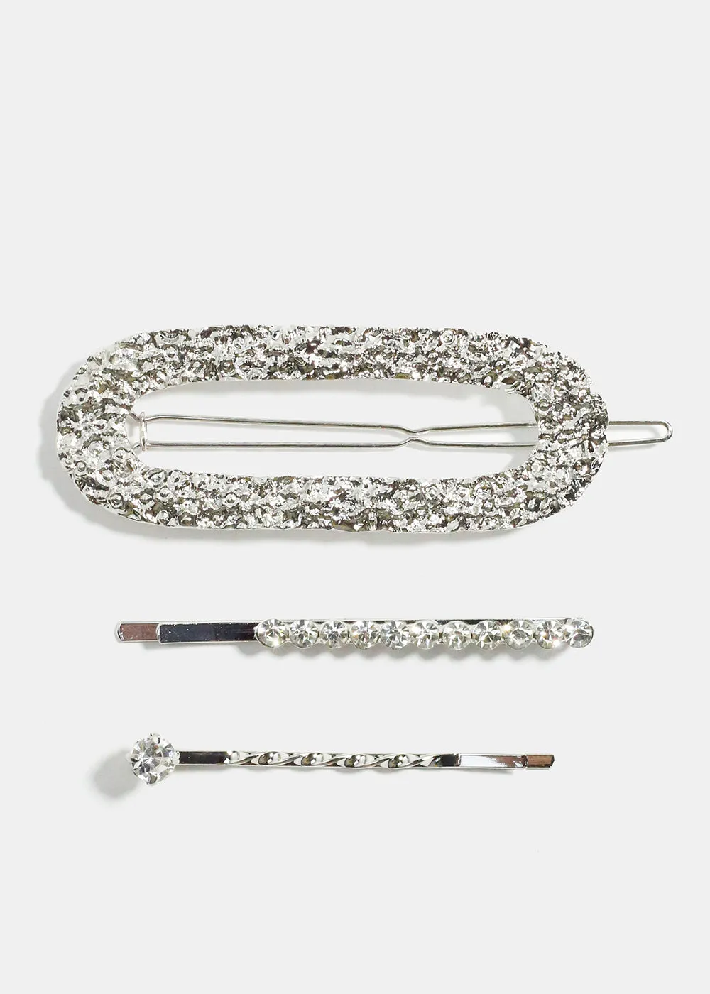 3-Piece Textured Oval Metal & Rhinestone Studded Hair Pins