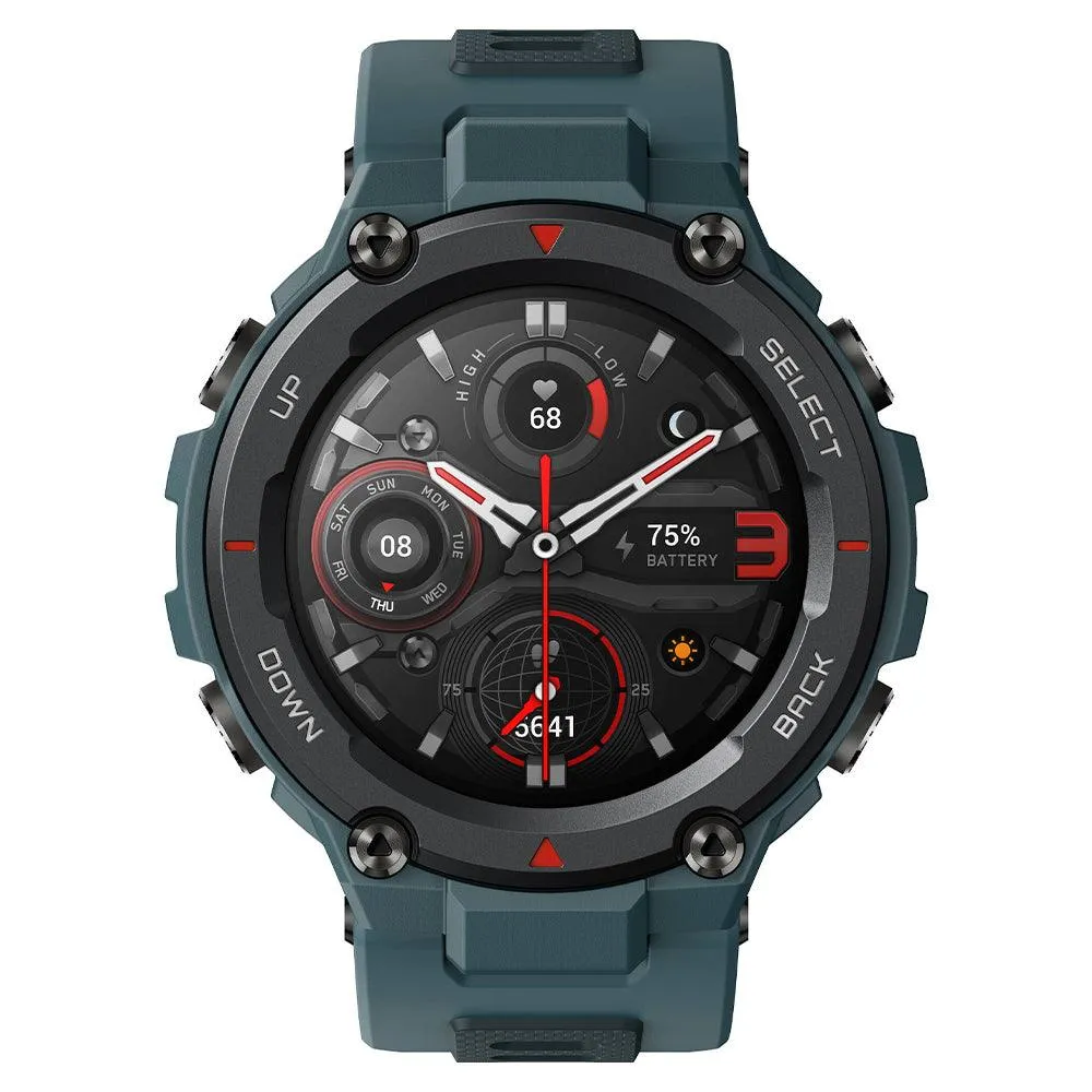 Amazfit T-Rex Pro Smart Watch (48mm - GPS) Polycarbonate Case With Steel Blue Silicone Rubber Strap