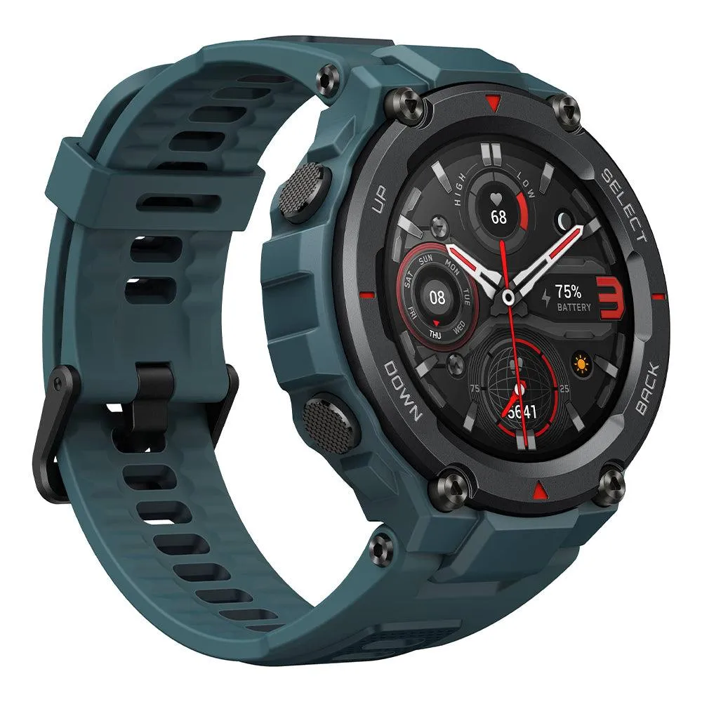 Amazfit T-Rex Pro Smart Watch (48mm - GPS) Polycarbonate Case With Steel Blue Silicone Rubber Strap