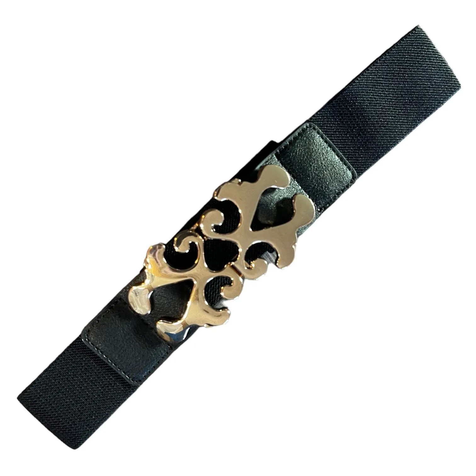 Black Stretch Belt Gold Clasp Buckle Medium