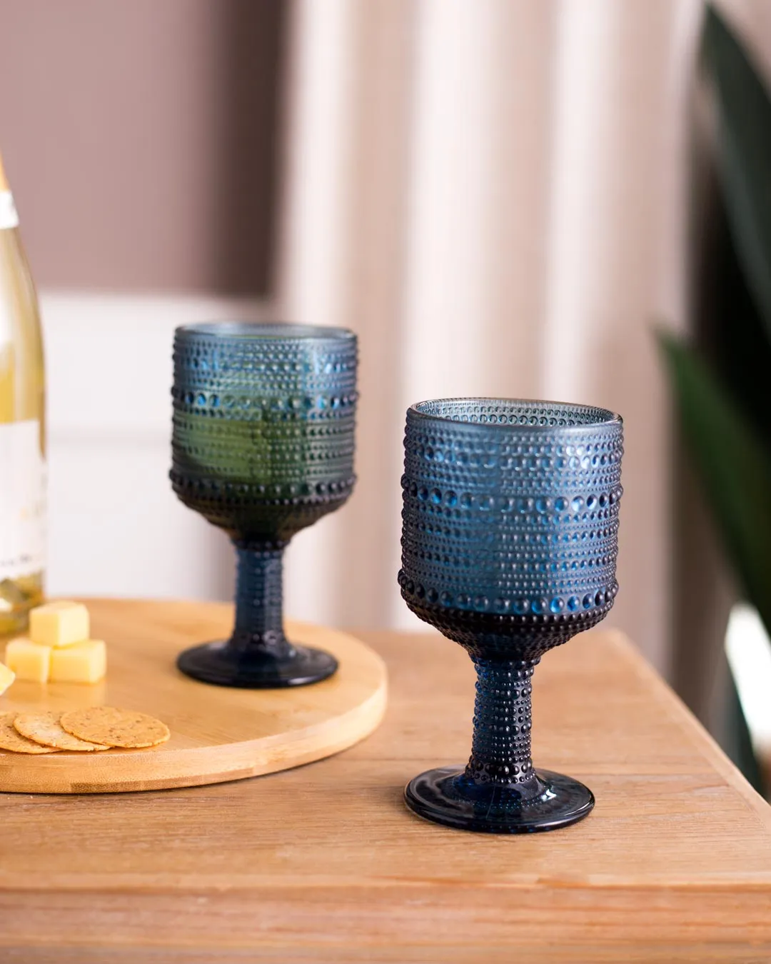 Bubble Embossed Goblet Glass Blue - Set of 6