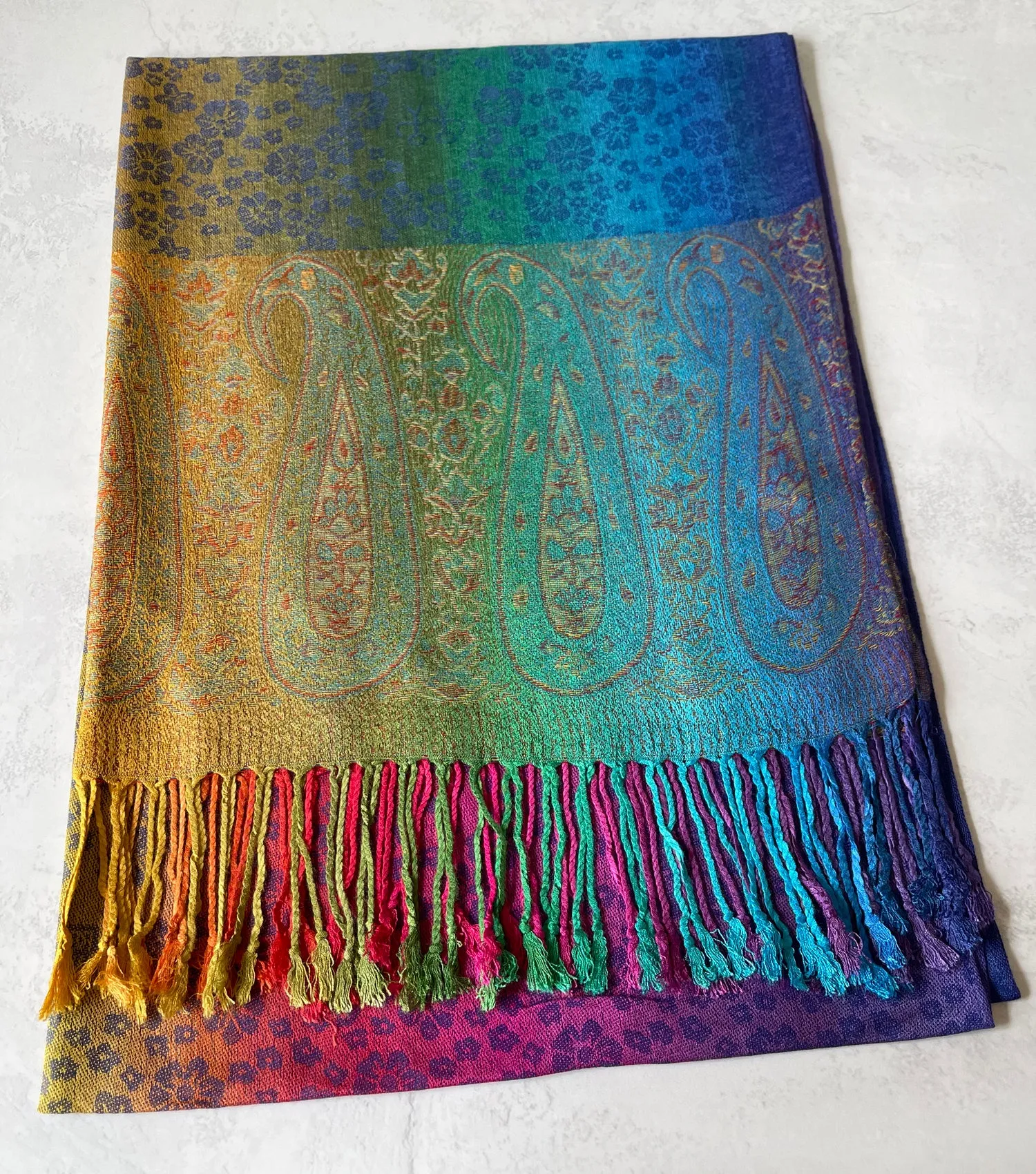 LARGE BLUE RAINBOW FLORAL PAISLEY PASHMINA SHAWL SCARF