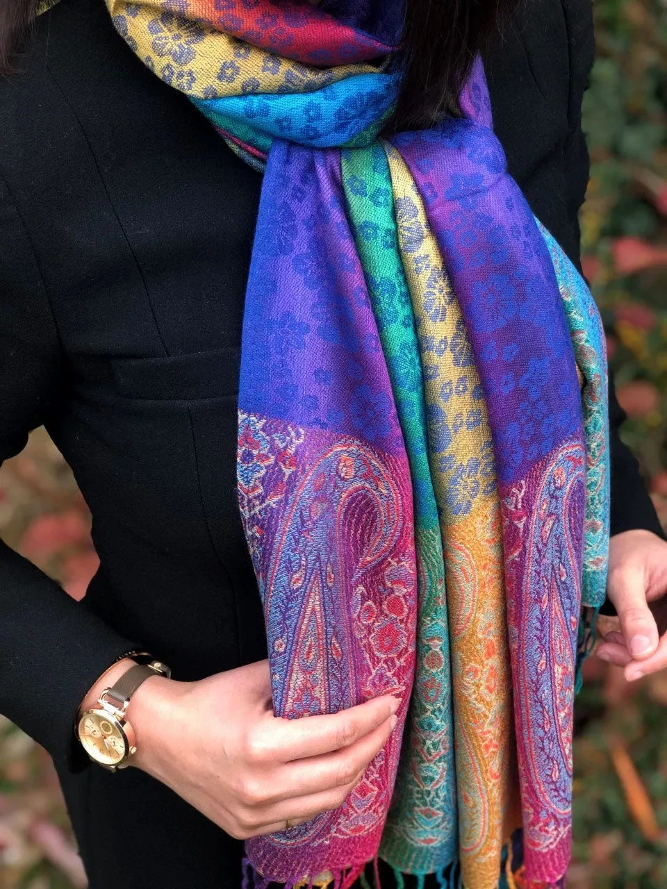 LARGE BLUE RAINBOW FLORAL PAISLEY PASHMINA SHAWL SCARF