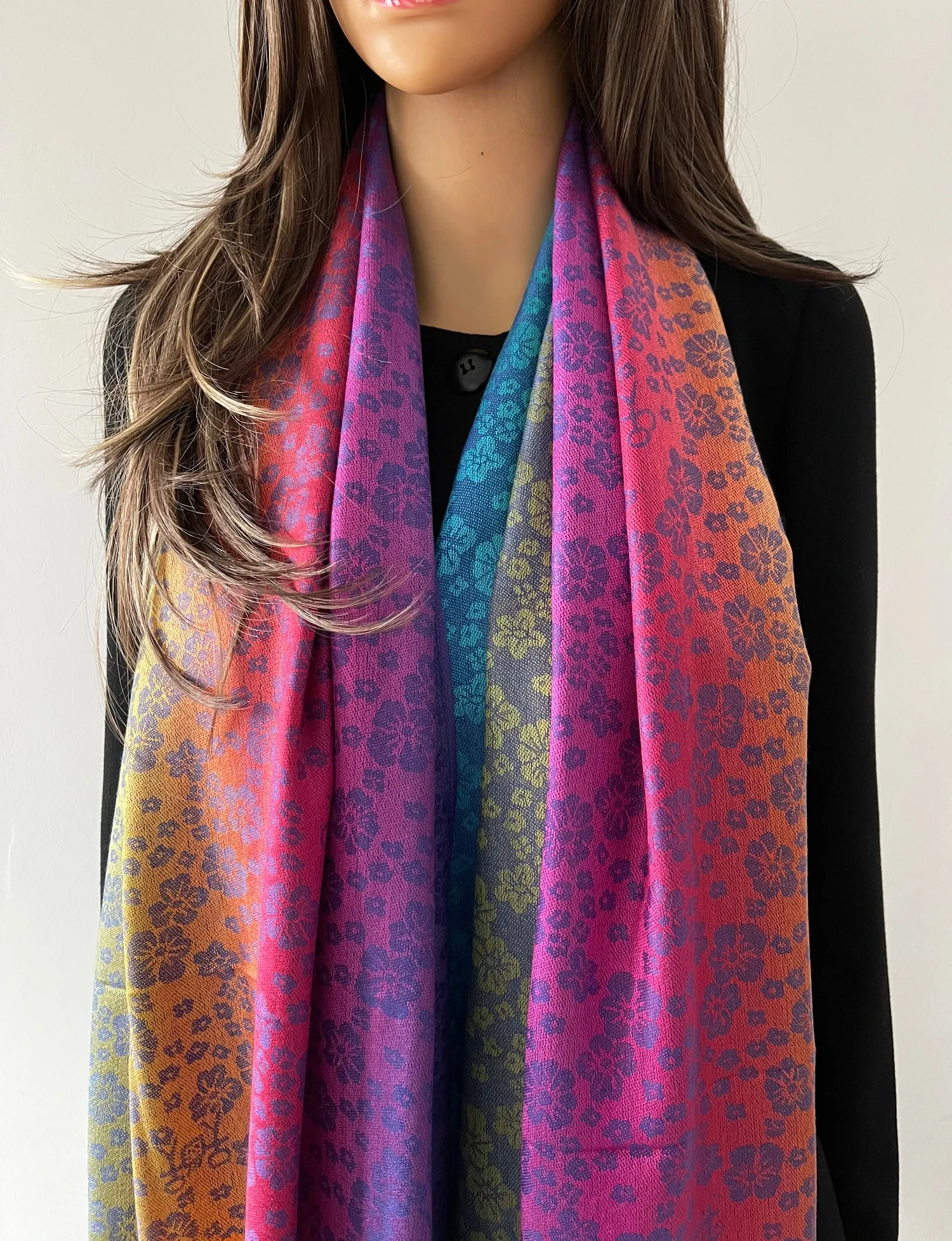 LARGE BLUE RAINBOW FLORAL PAISLEY PASHMINA SHAWL SCARF