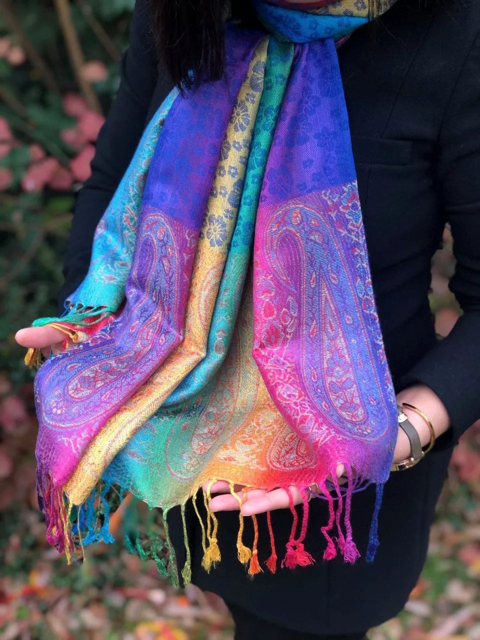 LARGE BLUE RAINBOW FLORAL PAISLEY PASHMINA SHAWL SCARF