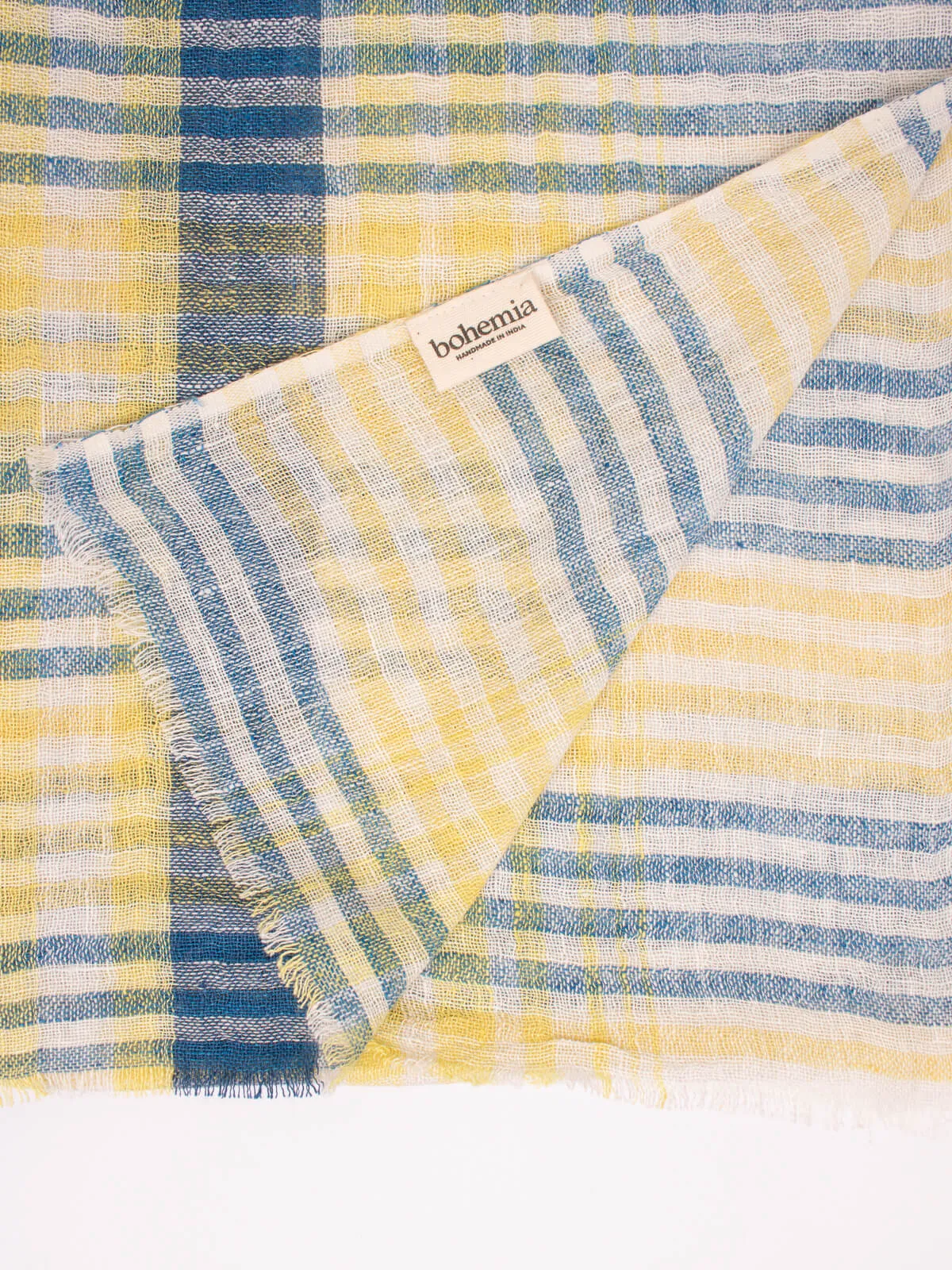 Linen Scarf, Indigo and Lemon Check