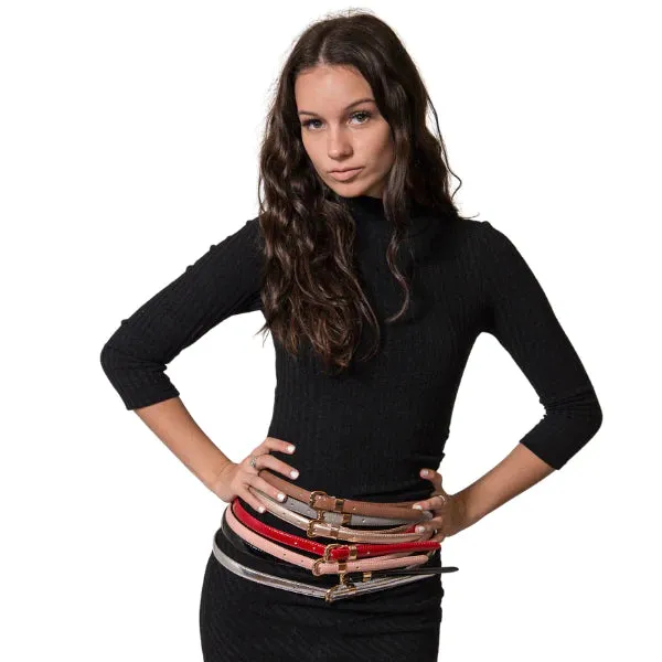 Queens Park |  Women's Skinny Black Patent Leather Belt with Gold Buckle