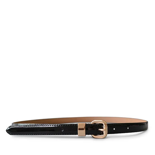 Queens Park |  Women's Skinny Black Patent Leather Belt with Gold Buckle