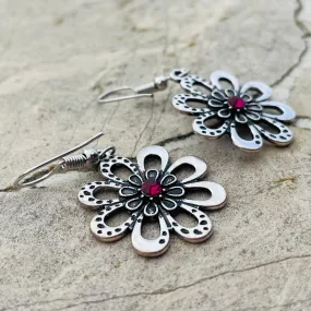 *Silver Tone Dainty Pink Stone Floral Pierced Fashion Earrings