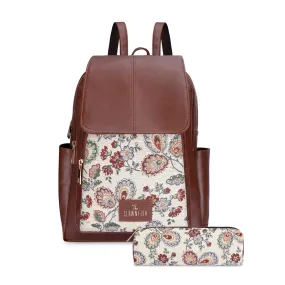 THE CLOWNFISH Combo Of Minerva Faux Leather & Tapestry Women's Backpack College School Girls Bag Casual Travel Backpack For Ladies & Expert Series Pencil Pouch Pen Case (Dark Brown-Floral), 10 Litres