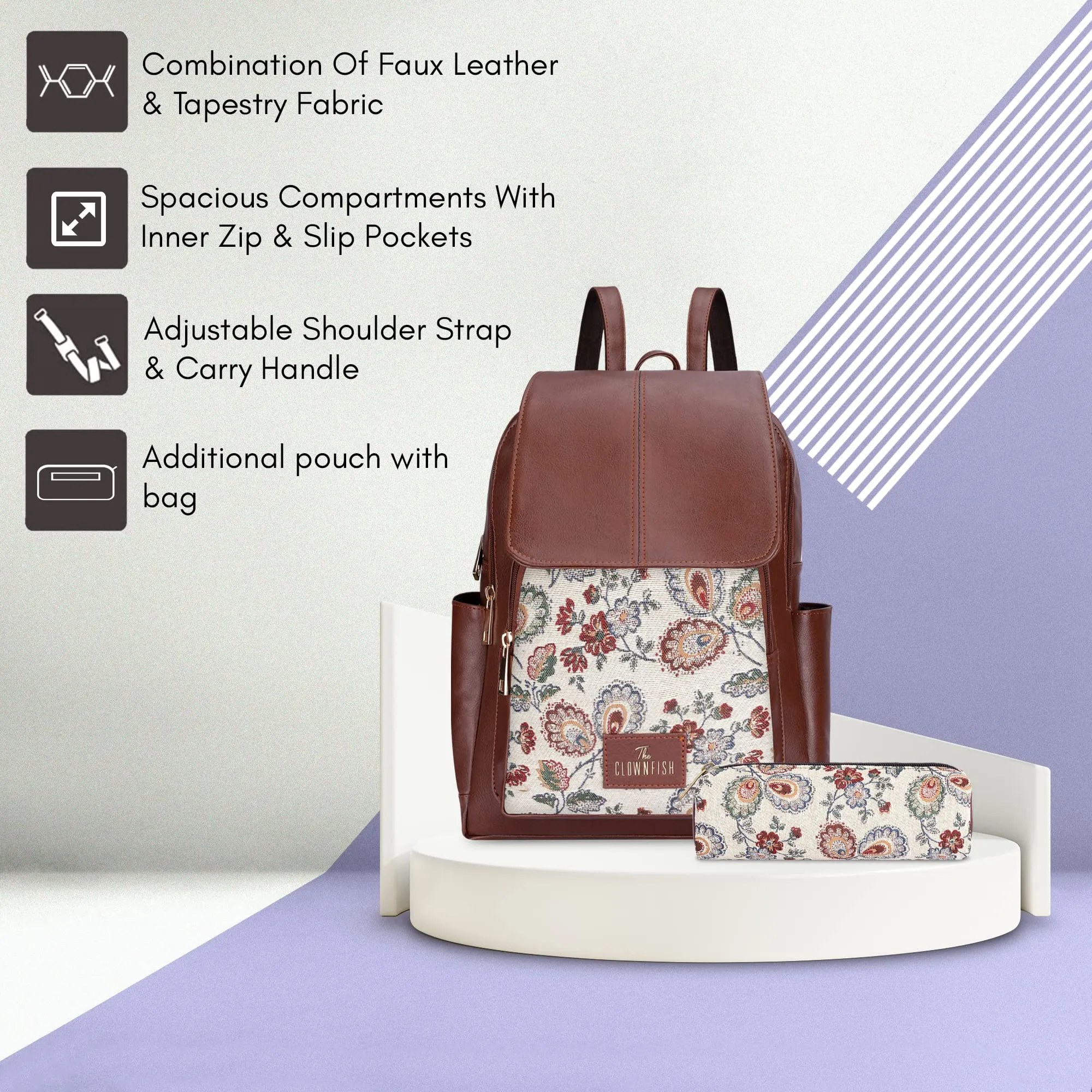 THE CLOWNFISH Combo Of Minerva Faux Leather & Tapestry Women's Backpack College School Girls Bag Casual Travel Backpack For Ladies & Expert Series Pencil Pouch Pen Case (Dark Brown-Floral), 10 Litres