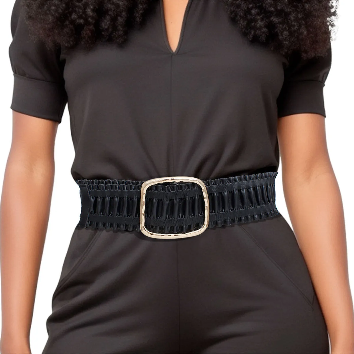 Wide Stretch Ruffle Belt - Black